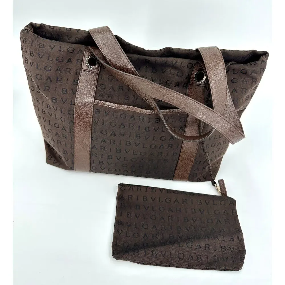 Bvlgari Logo Jacquard Canvas Tote Bag Brown w/ Matching Pouch & Dust bag